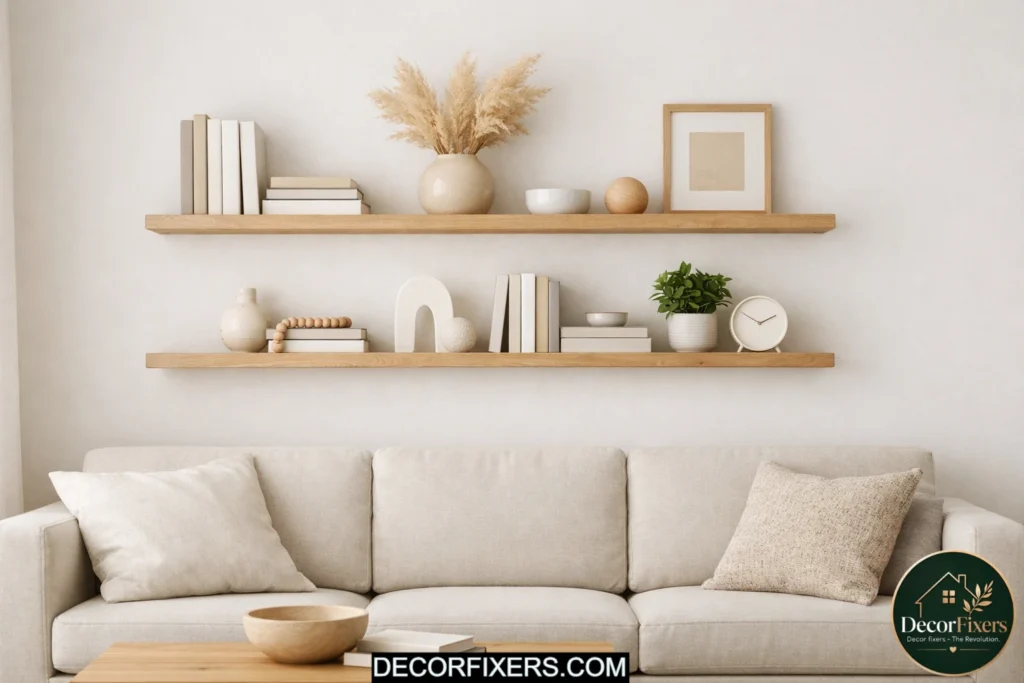 Floating shelves above a sofa adding stylish living room storage