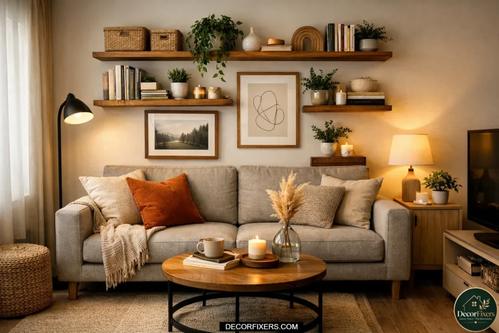 Floating shelves mounted above a sofa displaying books, plants, framed art, and decorative storage baskets in a minimalist small apartment living room
