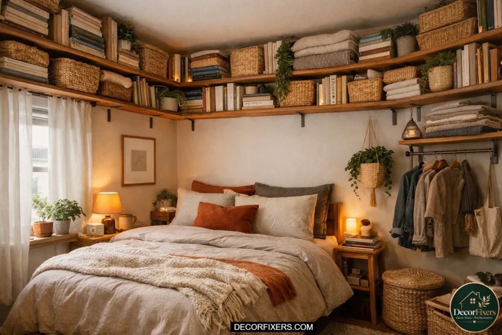 Floating shelves installed high around the entire perimeter of a small bedroom near ceiling level, displaying books, woven baskets, plants, and folded linens
