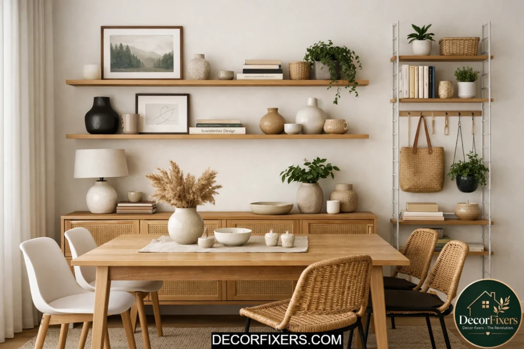 Floating wall shelves adding stylish storage in dining room
