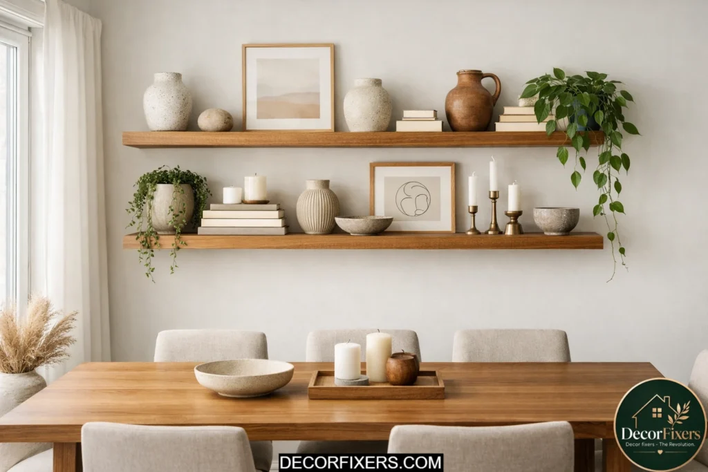 Floating wooden shelves styled with ceramics, plants, and decor in a contemporary dining room