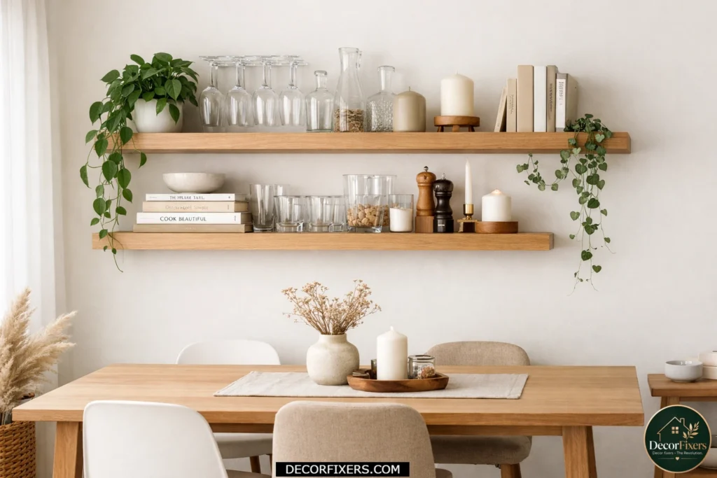 Small dining room featuring floating shelves for storage and decor without bulky furniture.