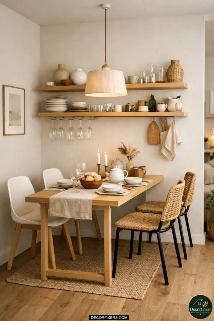 Floating shelves replacing bulky sideboard in small dining room