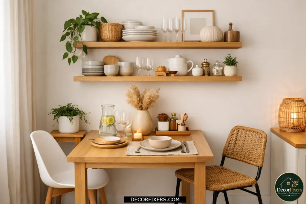Small dining room using floating shelves for stylish vertical storage and decor.