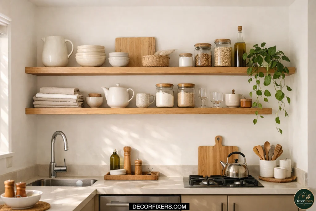 Floating shelves replacing upper cabinets in a tiny kitchen