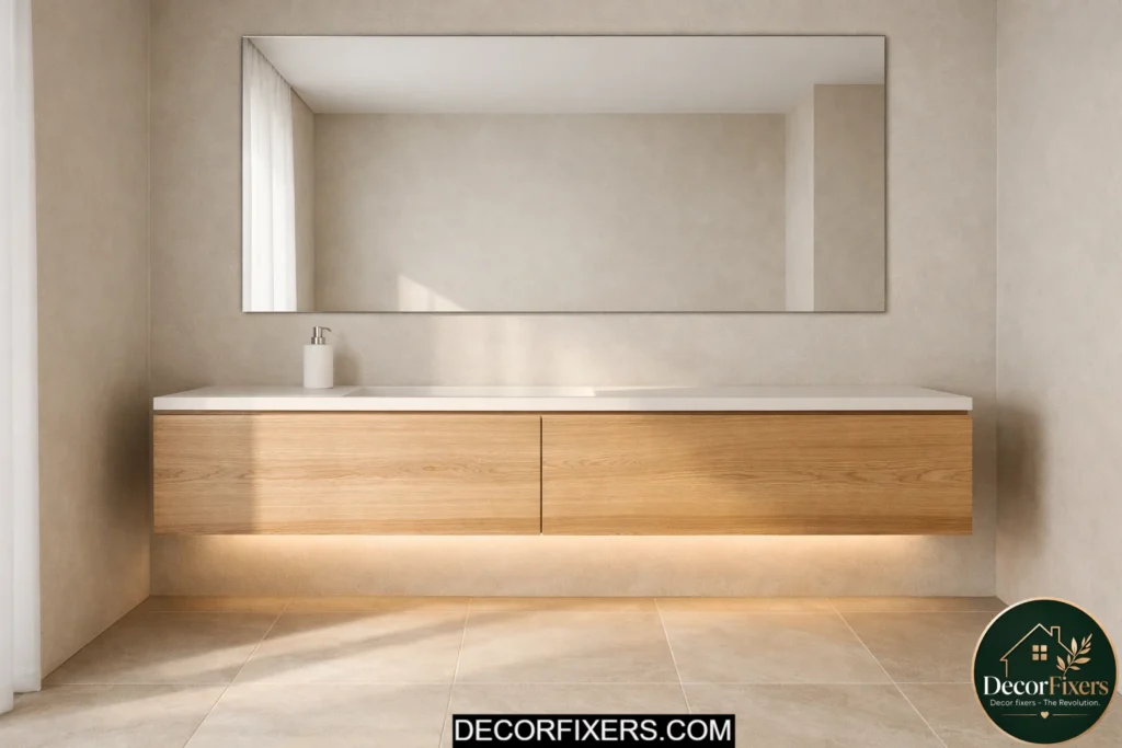 Floating white oak vanity in a warm minimalist bathroom with hidden lighting and clean neutral finishes
