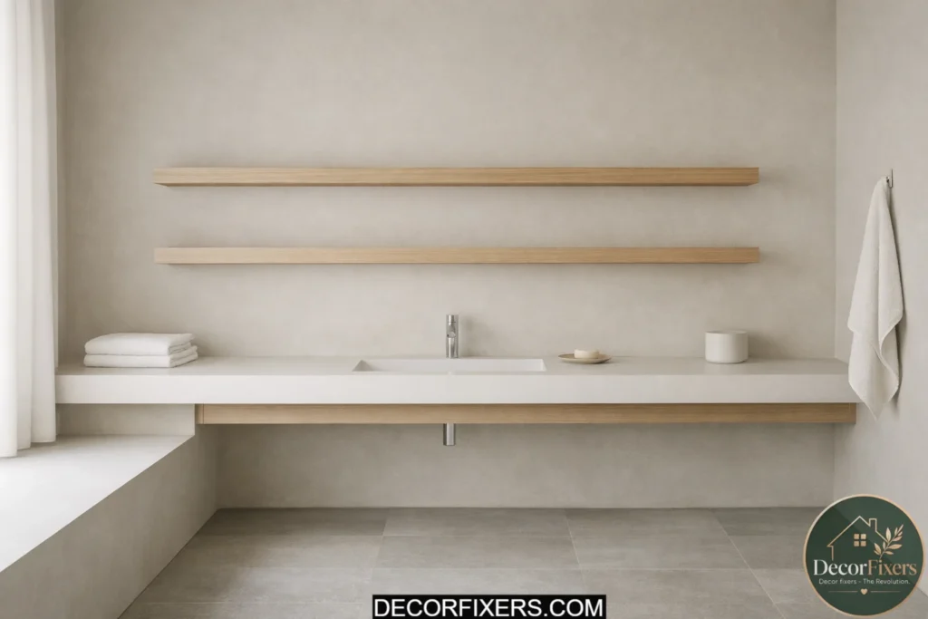 Minimal Scandinavian bathroom with floating vanity and open floor design.