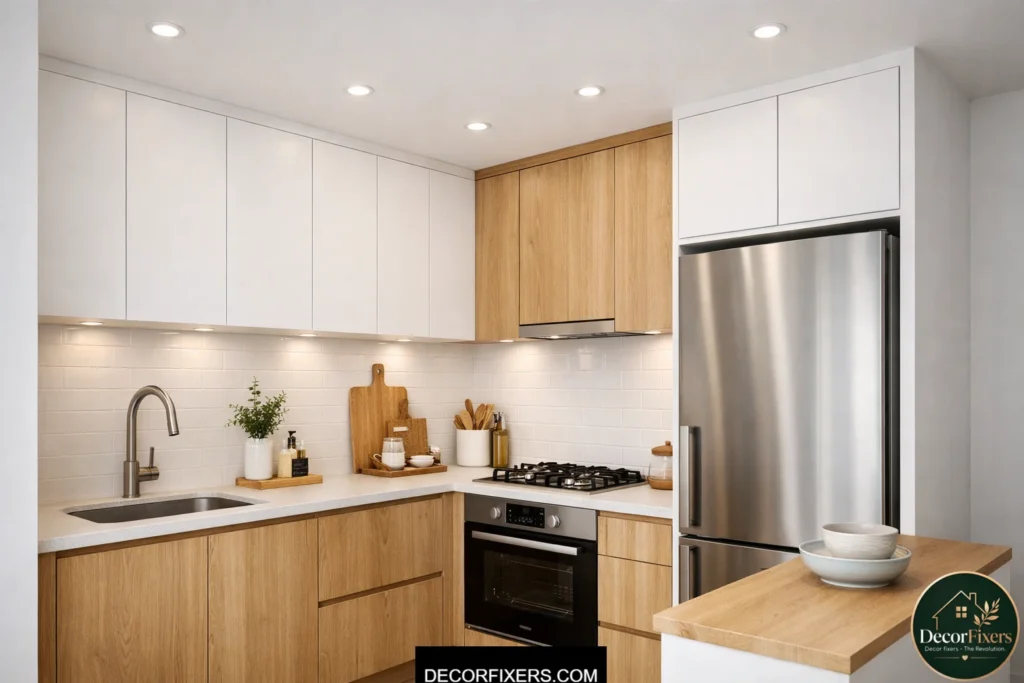 Floating wall cabinets replacing soffits in a small modern kitchen