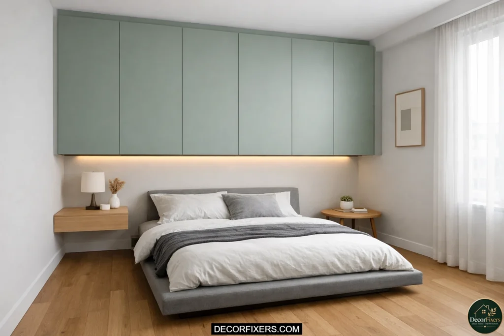 Floating wall-mounted wardrobe creating airy space in a small bedroom.