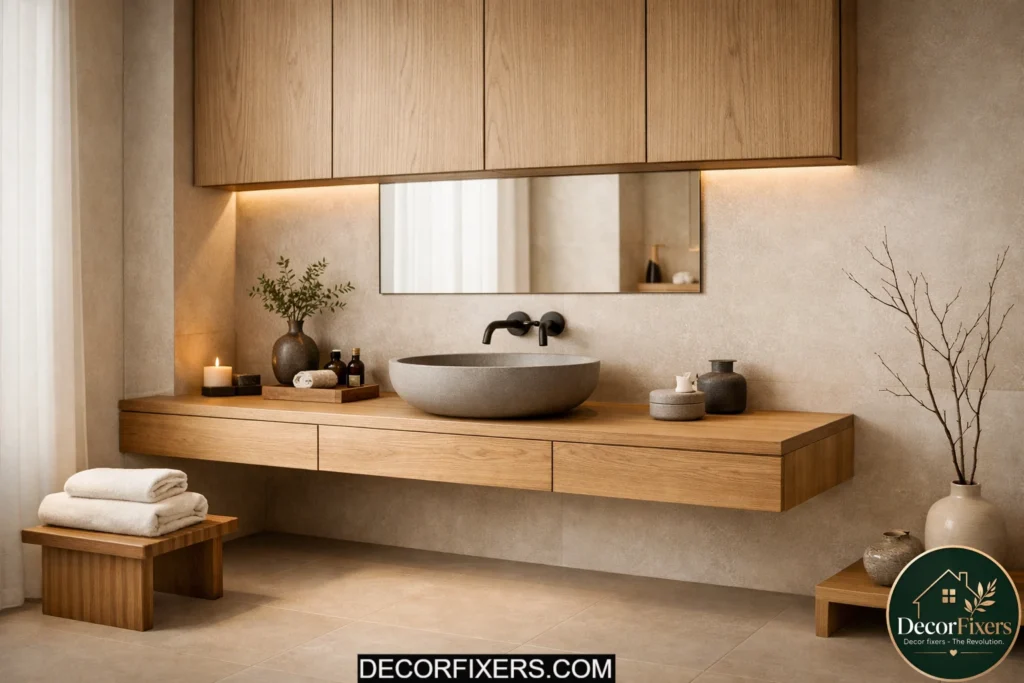 Floating oak vanity in Japandi bathroom with matte stone sink and clean lines