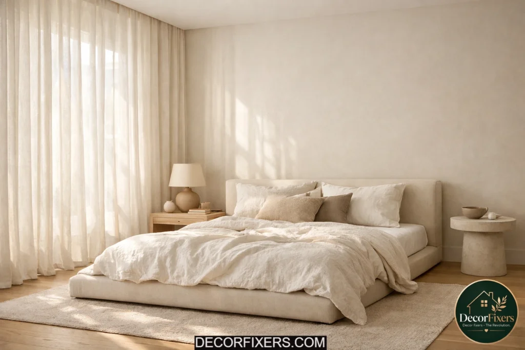 Minimalist bedroom with soft floor-length linen curtains and natural light