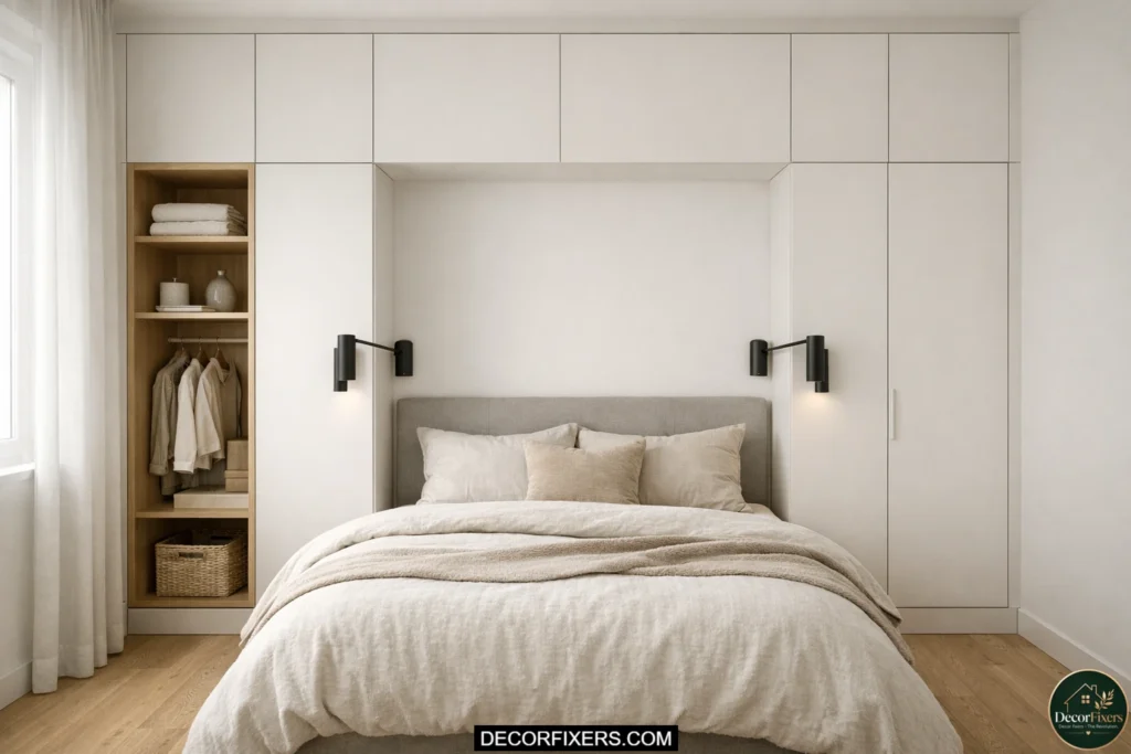 Floor-to-ceiling alcove wardrobe fitted into a small modern bedroom with seamless matte cabinetry and integrated shelving.