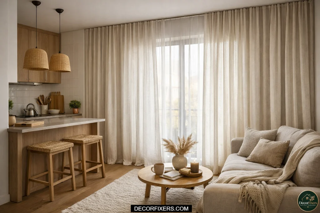 Floor-to-ceiling curtains making a tiny kitchen feel taller