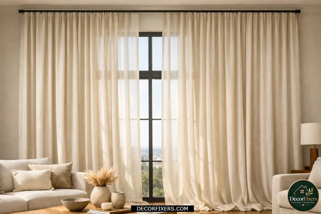 Floor-to-ceiling ivory linen curtains creating a luxury tall living room effect.