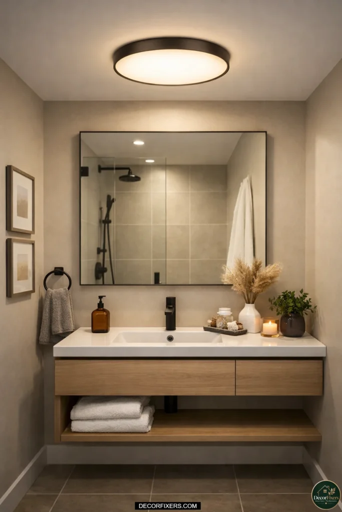Flush-mount ceiling light brightening a small modern bathroom vanity.