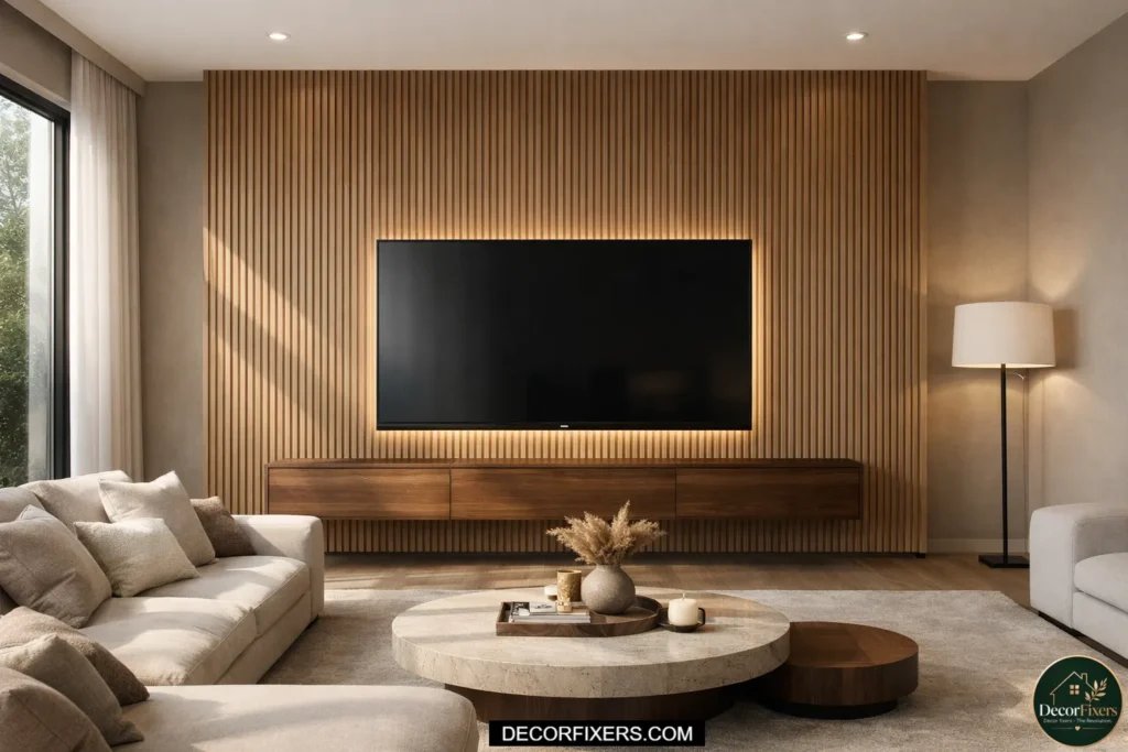 Full-height vertical fluted wood slat panels in oak finish with a wall-mounted TV centered and warm LED bias lighting strip behind the screen