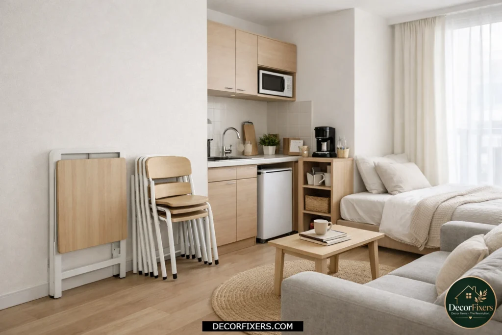 Foldable dining table and stackable chairs inside a tiny studio apartment.