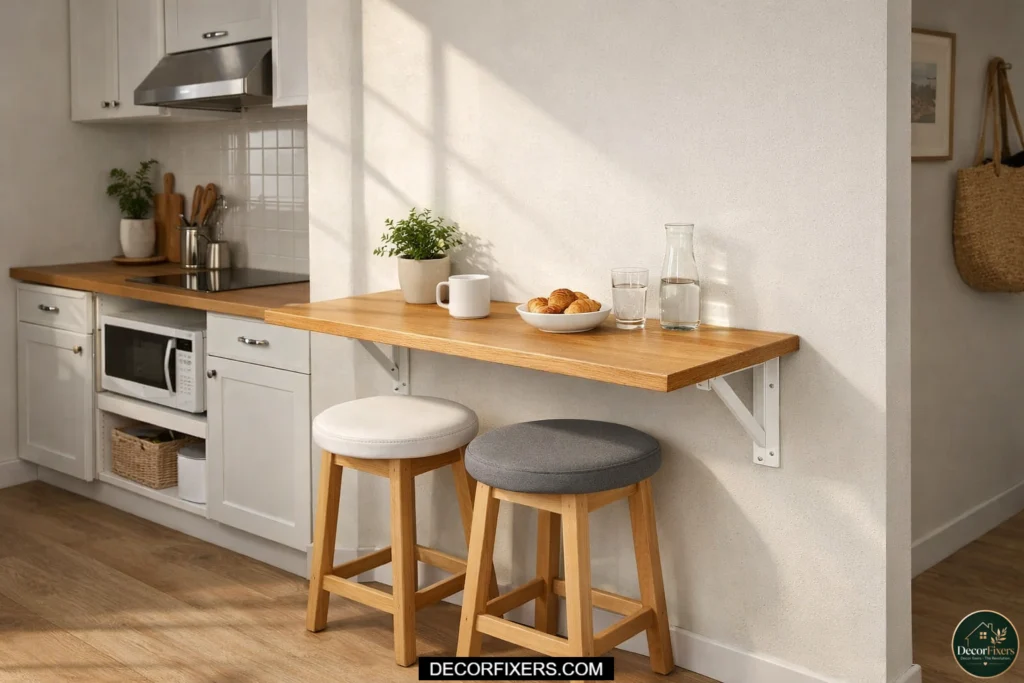 Fold-down breakfast bar saving space in a tiny kitchen