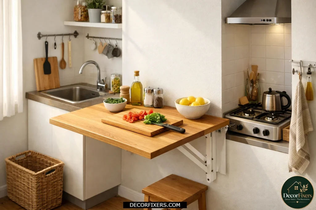Fold-down wall table providing extra prep space in a compact kitchen.