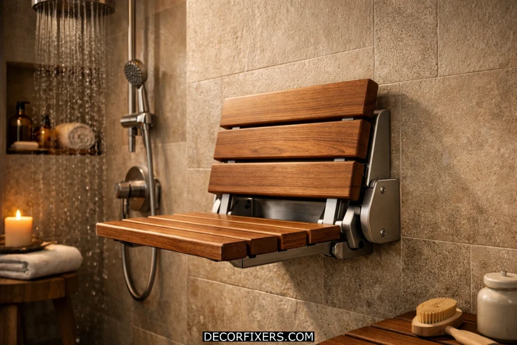 Foldable wall-mounted shower seat inside compact spa-style bathroom with textured beige tiles