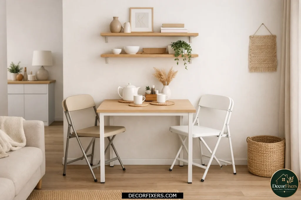 Compact dining room featuring foldable chairs for flexible space-saving seating.