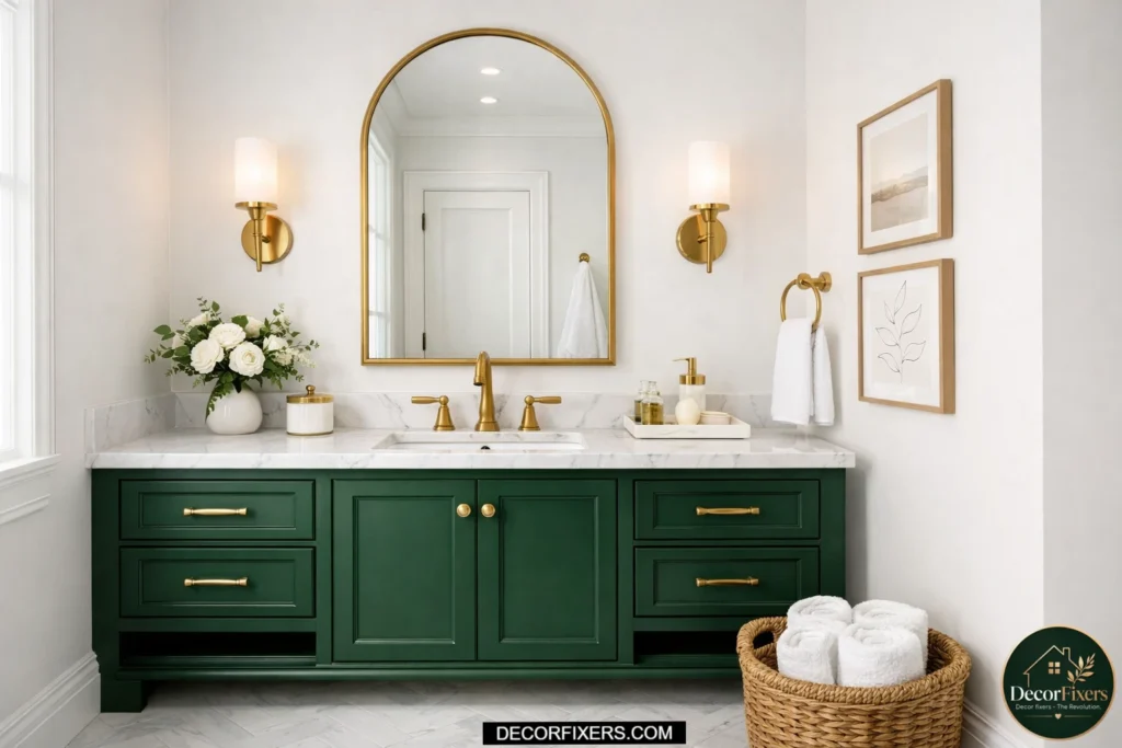 Forest green vanity adding bold color to a small bathroom