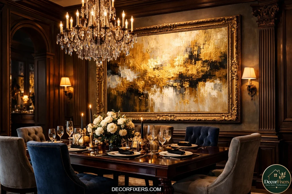 Formal dining room with ornate framed gold abstract artwork.