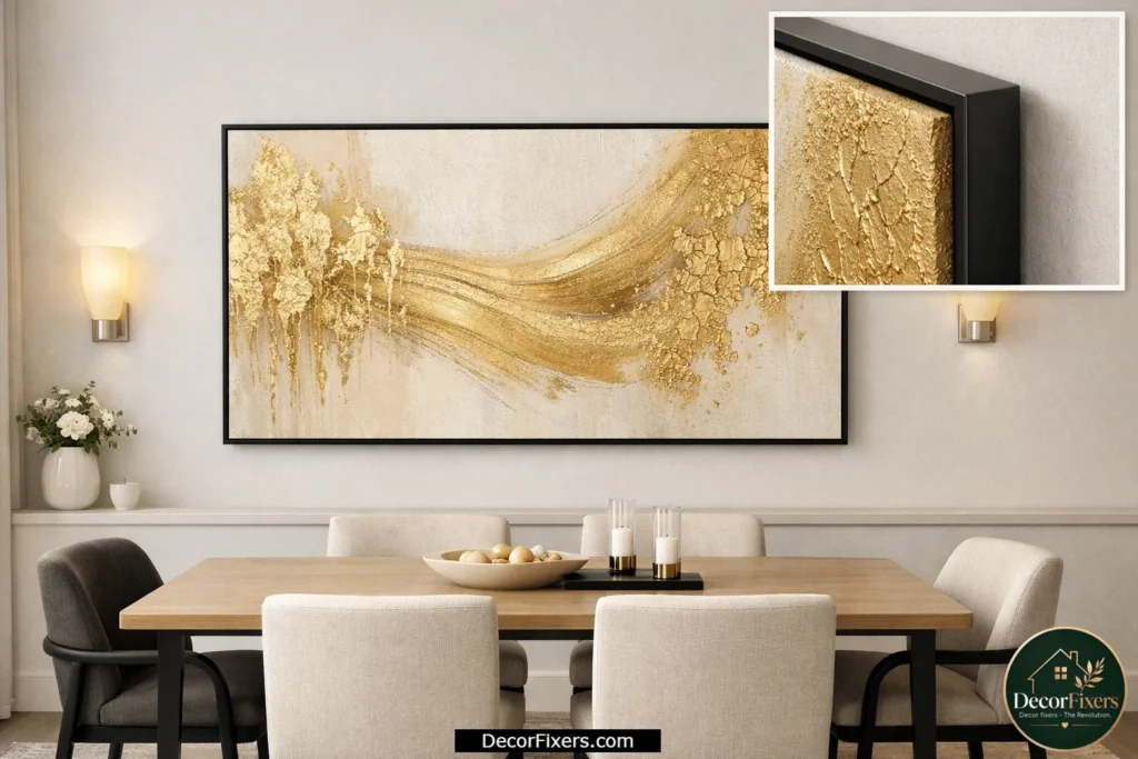 Framed gold abstract canvas wall art with a thin modern black frame in a dining room