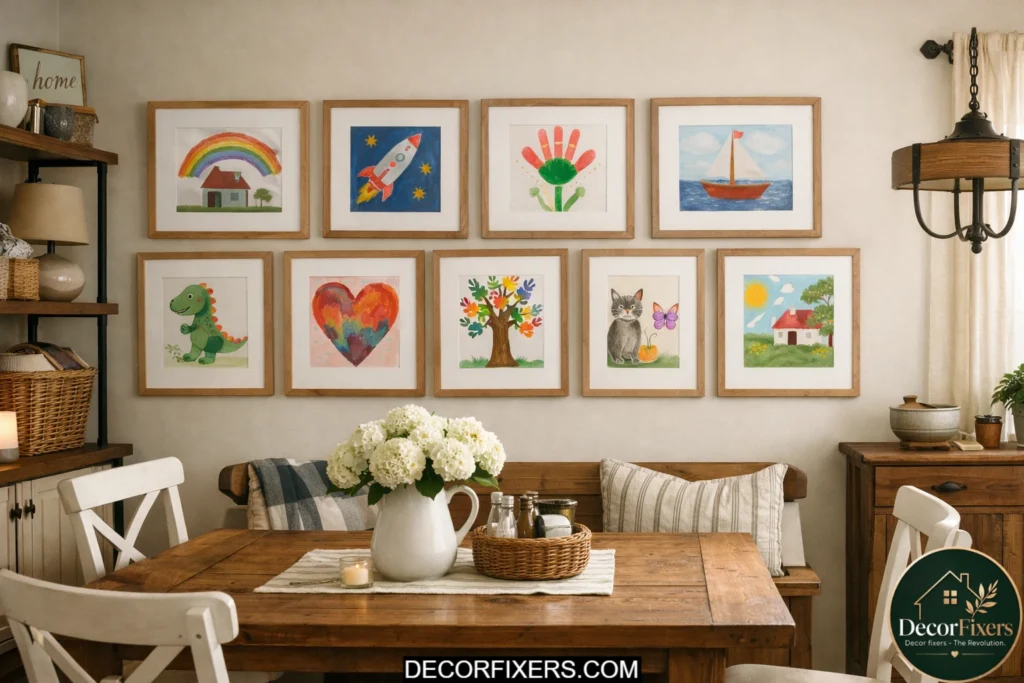 Framed children’s artwork gallery wall in a warm and personalized family dining room