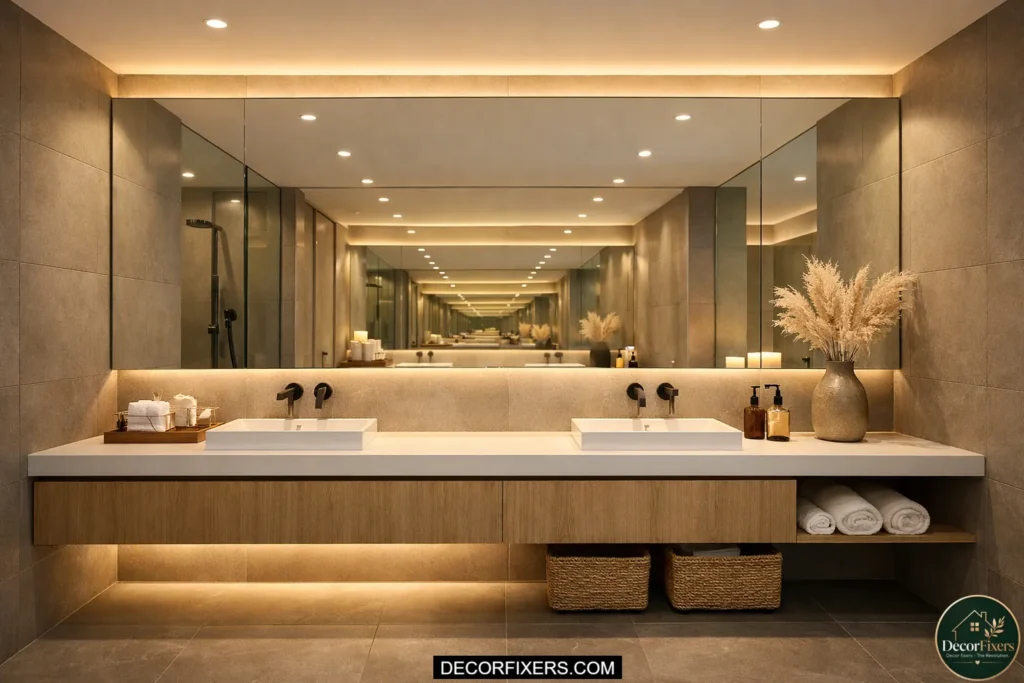 Frameless full-width bathroom mirror making a small space feel larger