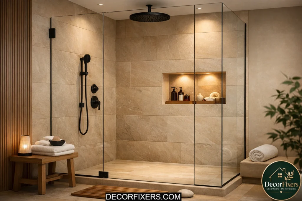 Frameless glass shower with warm stone tiles in Japandi bathroom
