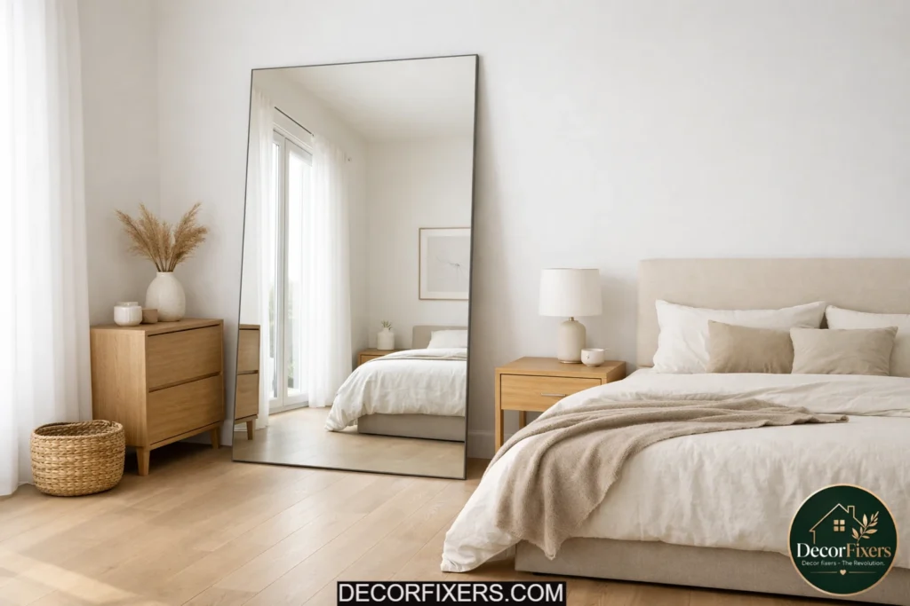Minimalist bedroom with a large frameless mirror reflecting natural light