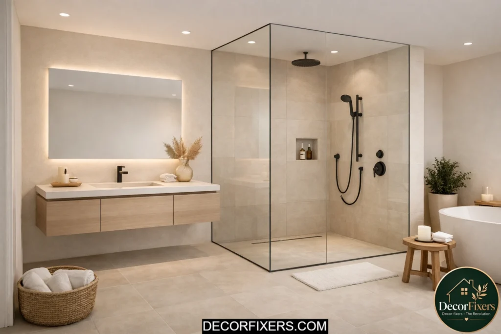 Frameless glass shower enclosure creating an open and spacious minimalist bathroom design