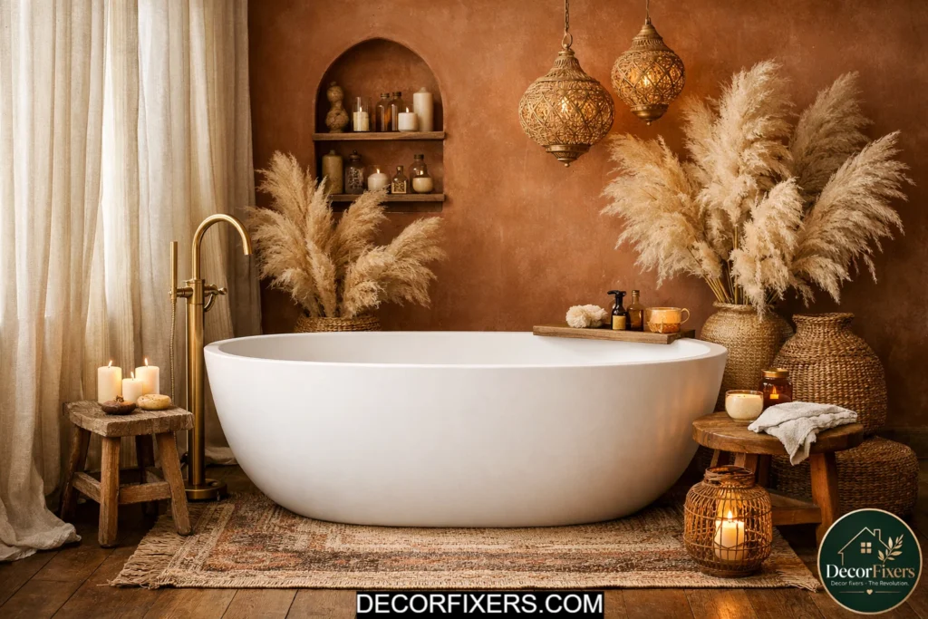 Freestanding matte white soaking tub in a luxurious boho bathroom with earthy textures