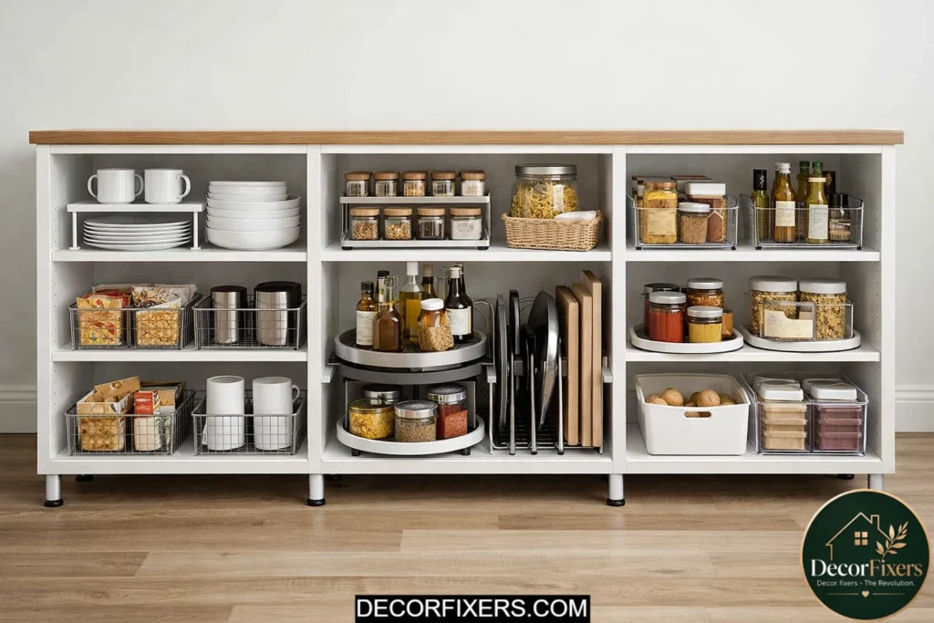Freestanding cabinet insert system organizing a modern kitchen efficiently