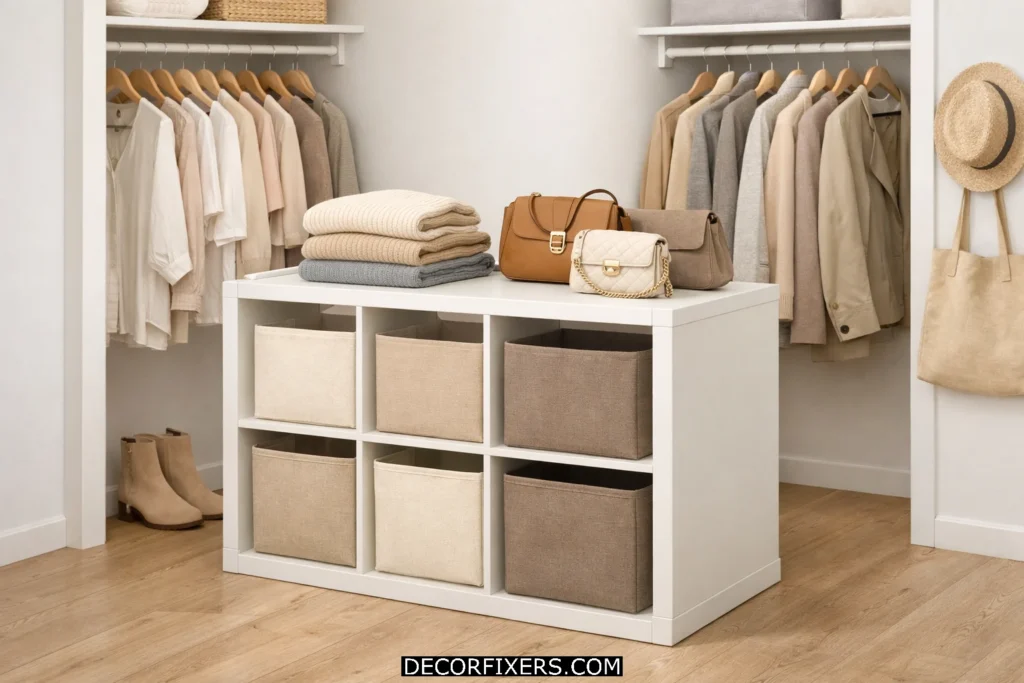 White cube organizer inside a small closet creating modular storage for folded clothes and bins.