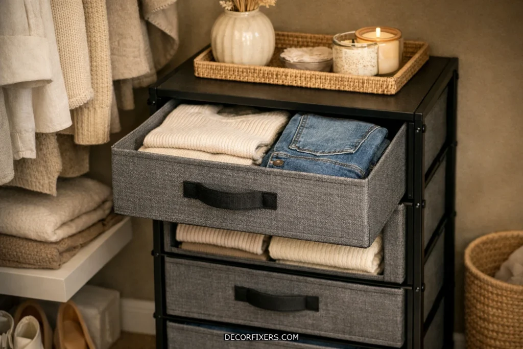 Freestanding fabric drawer tower under hanging clothes in a modern reach-in closet.