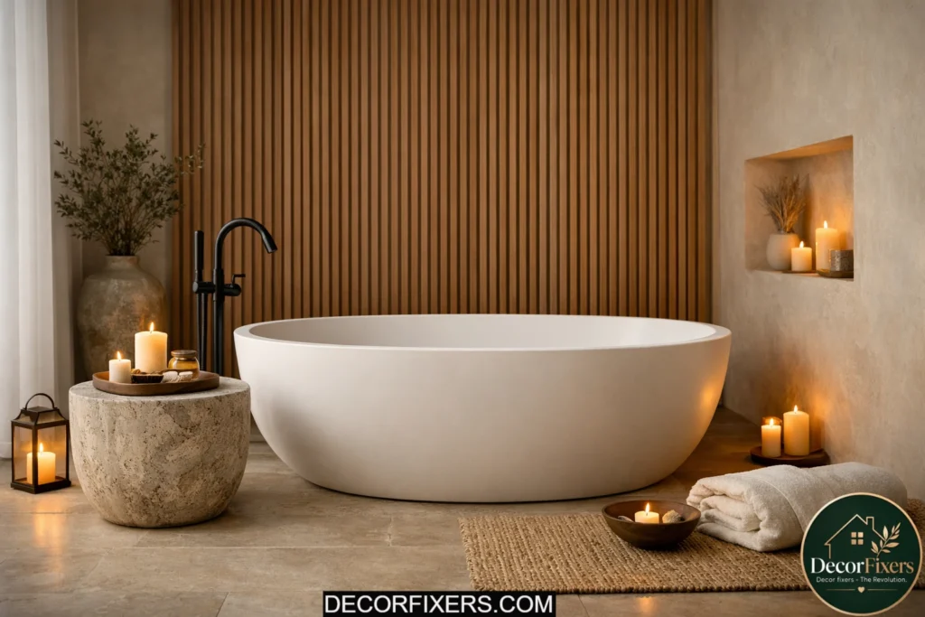 Sculptural freestanding bathtub in serene Japandi-style bathroom