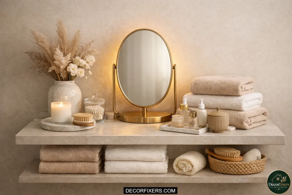 Small oval brass mirror styled on a bathroom vanity shelf