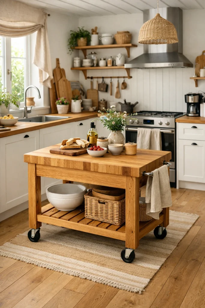 Freestanding butcher block island in Scandinavian kitchen
