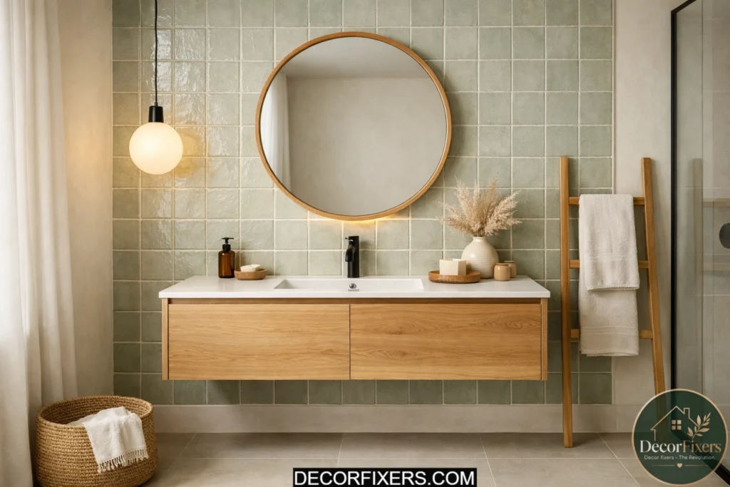 Scandinavian bathroom with freestanding tub beside large window.