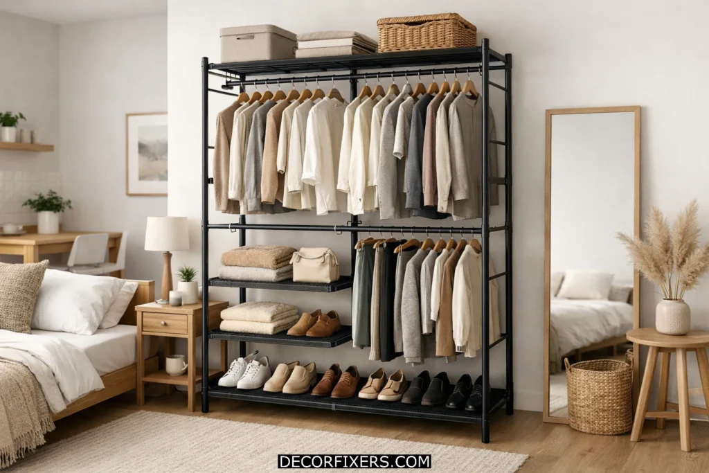 Freestanding wardrobe rack with shelves and hanging rods for small apartment storage.