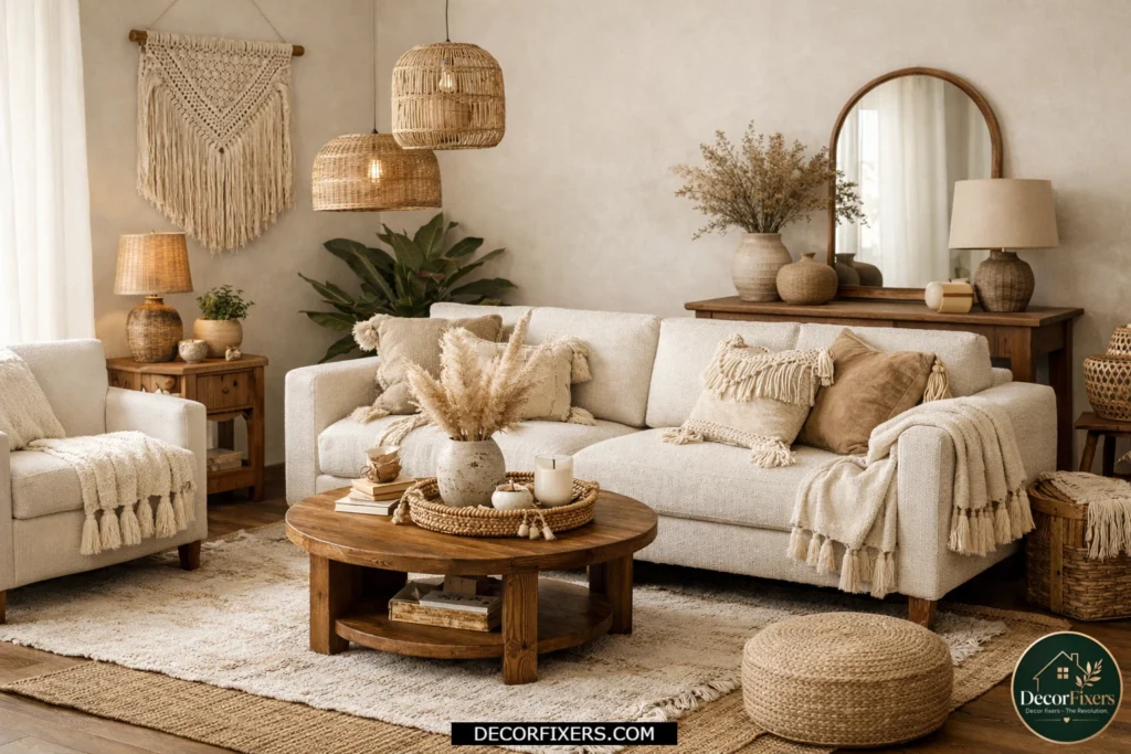 Boho living room with tasseled pillows and fringed throw blankets