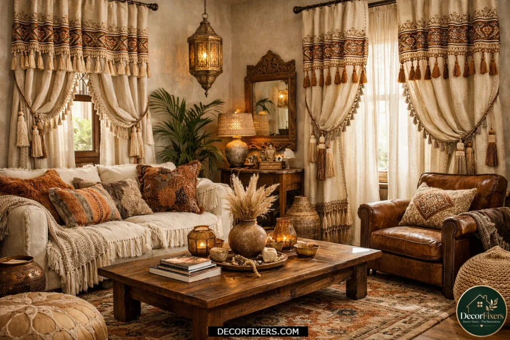 Fringe-trim curtains adding personality to a bohemian living room.
