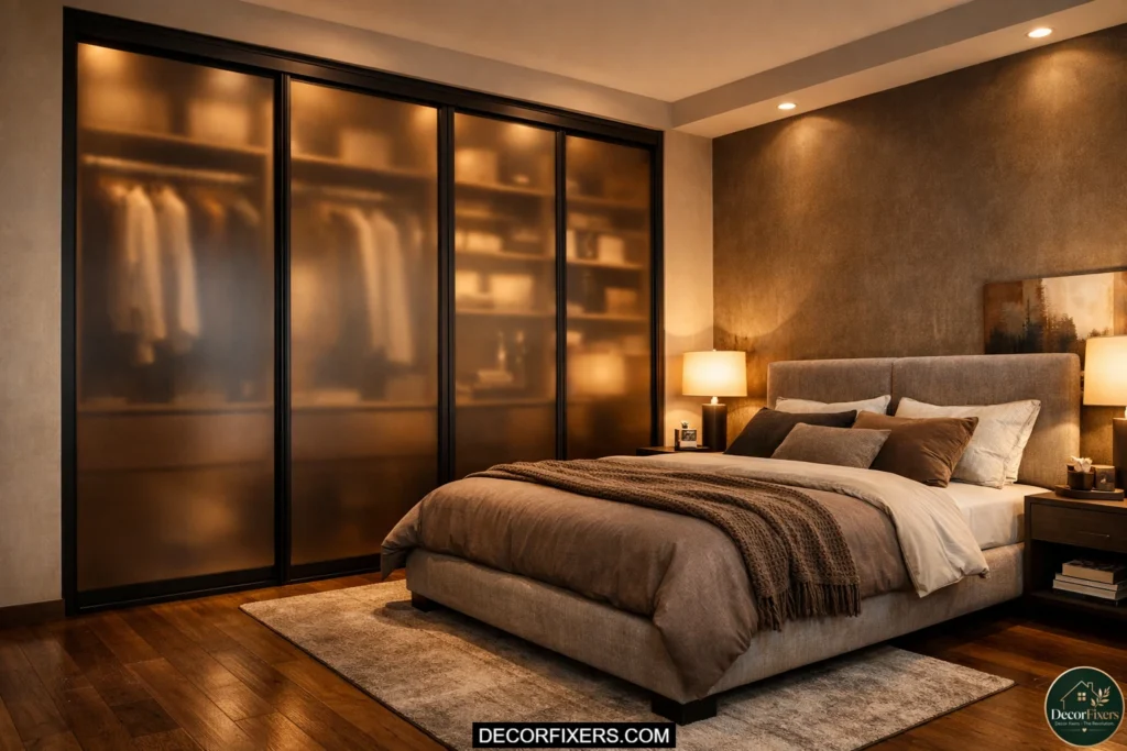 Bronze frosted glass sliding wardrobe panels with warm modern bedroom styling.