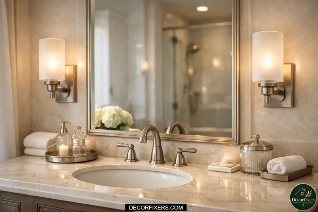 Frosted glass bathroom sconces providing soft flattering vanity lighting.