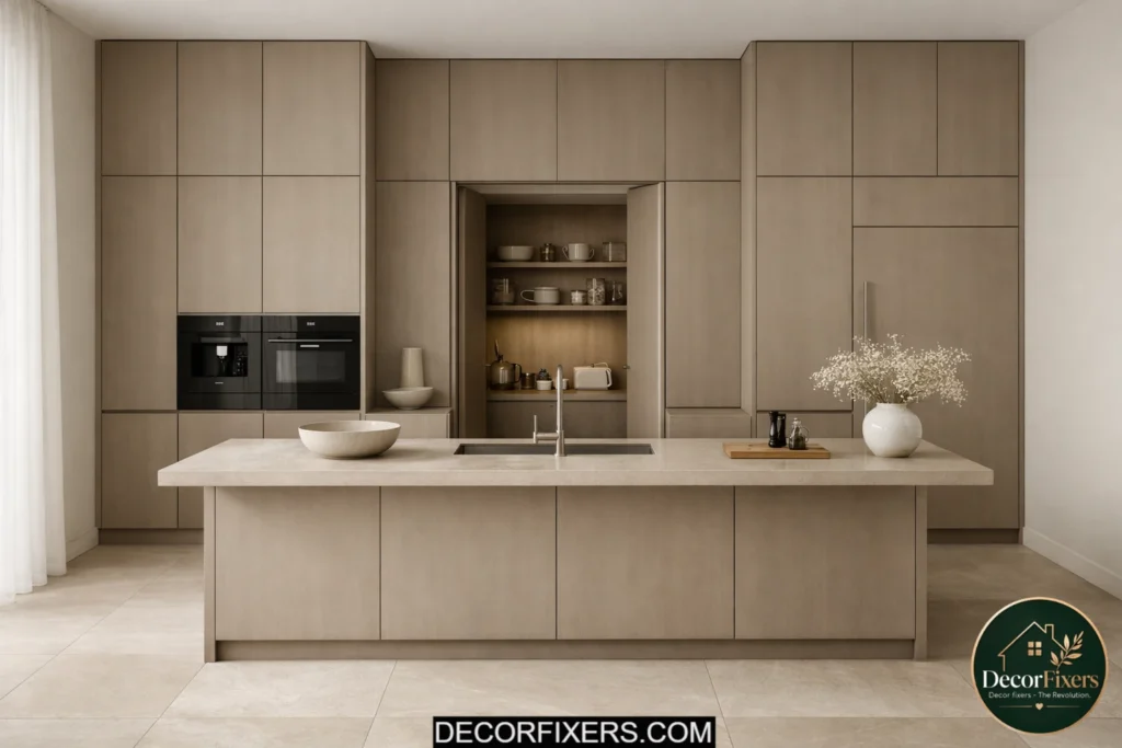 Minimalist kitchen with full-height taupe cabinets and integrated storage