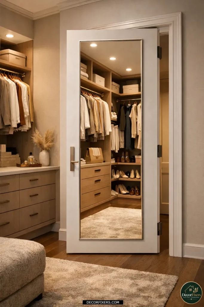 Full-length mirror mounted inside the bedroom closet door.