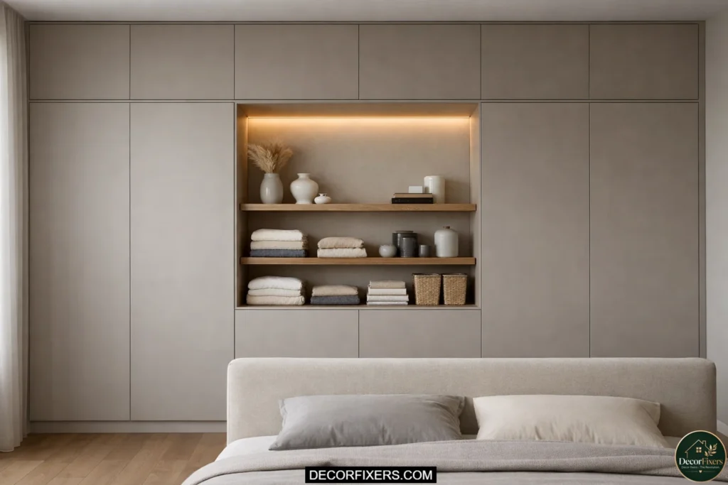 Full wall wardrobe with illuminated open center display section in a modern bedroom.