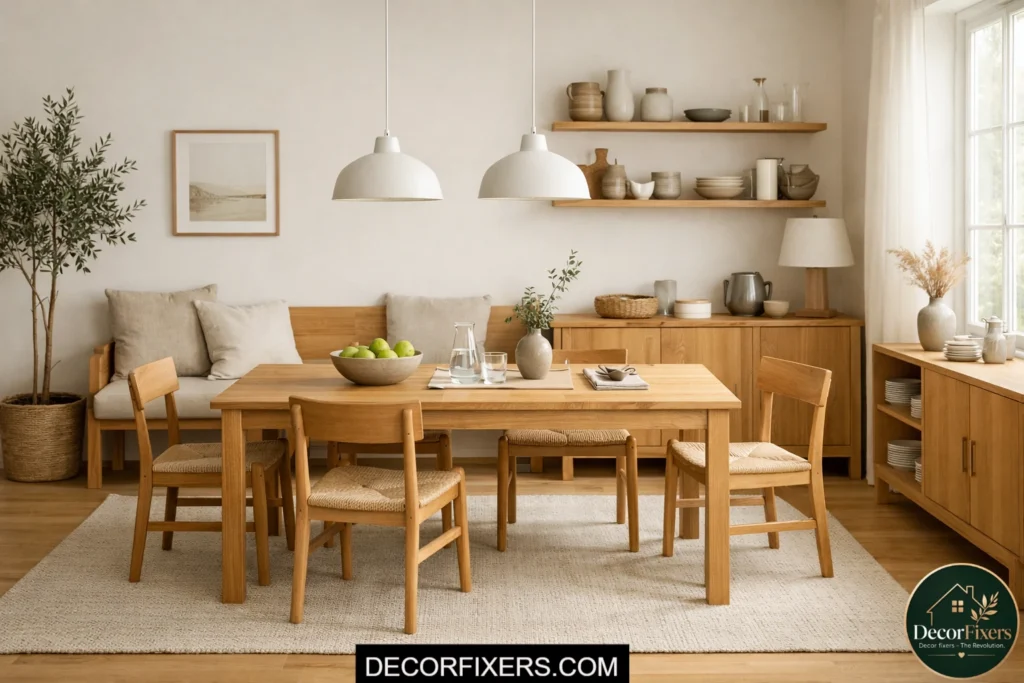 Functional Scandinavian dining room with minimalist purposeful decor and oak furniture